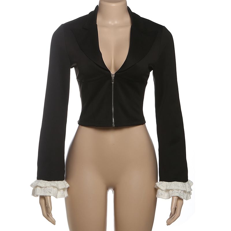 Ruffle Trim V Neck Zip Up Long Sleeve Solid Top