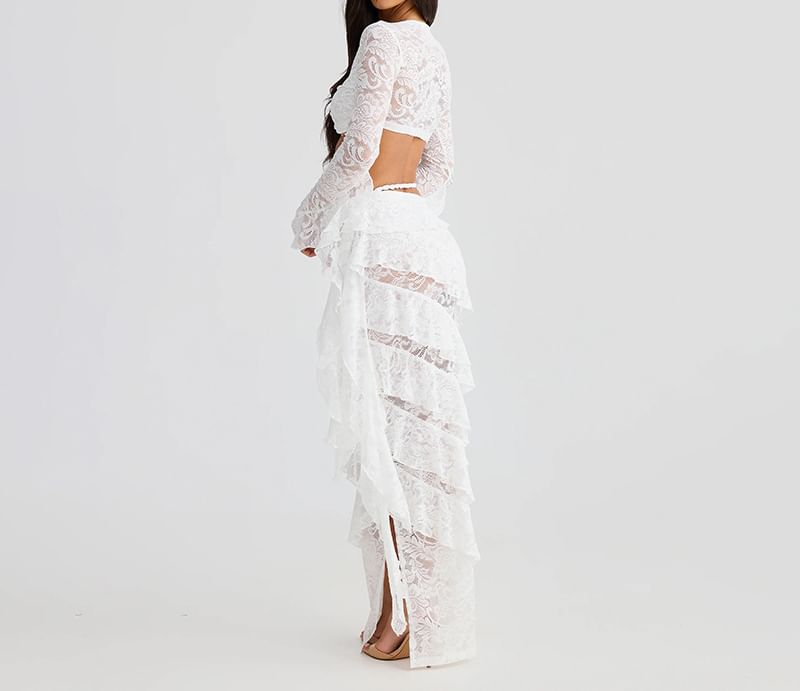 Lace Crop Top and Midi Pencil Skirt Long Sleeve Set
