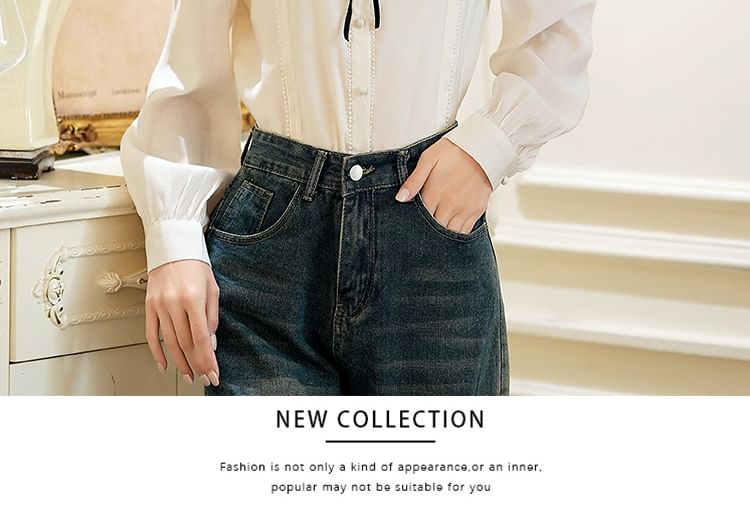 Button-Front Blouse with Contrast Trim and Round Neckline