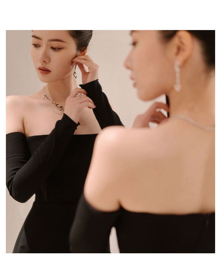 Gown Evening Off-Shoulder Long-Sleeve Plain Sheath