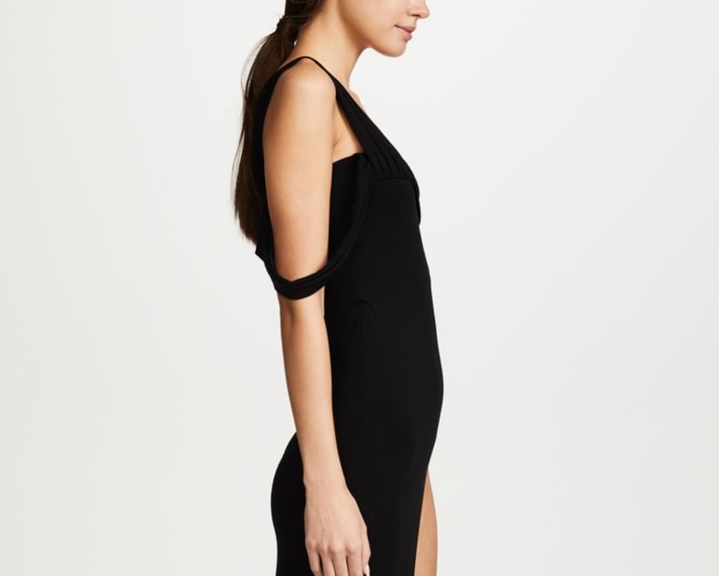 Sleeveless One-Shoulder Plain Slit A-Line Evening Gown