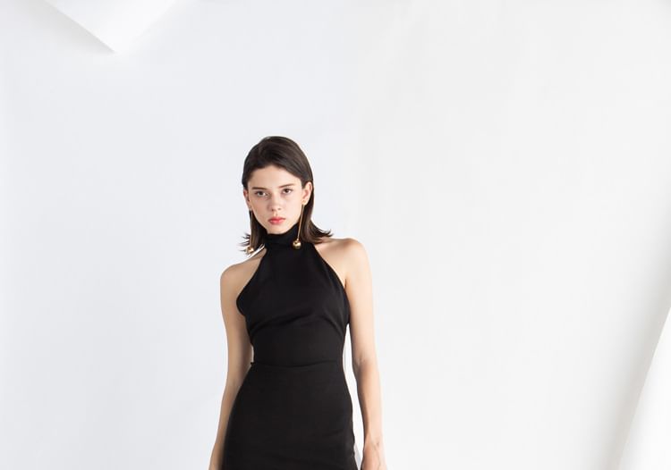 Halter Plain Slit Maxi A-Line Evening Dress