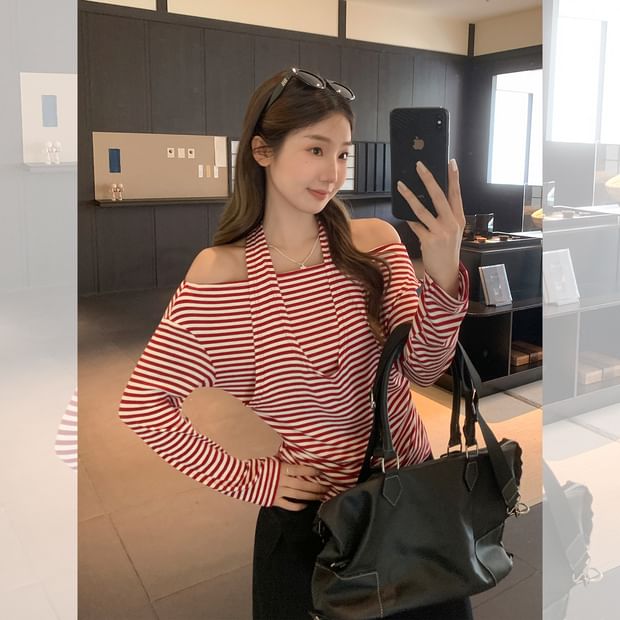 Striped Cold Shoulder Faux Layer Extended Sleeve Top