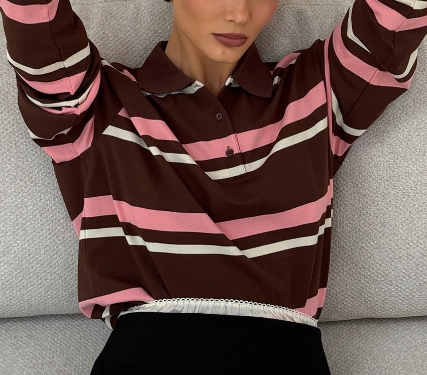 Striped Loose Fit Extended Sleeve Polo Sweatshirt