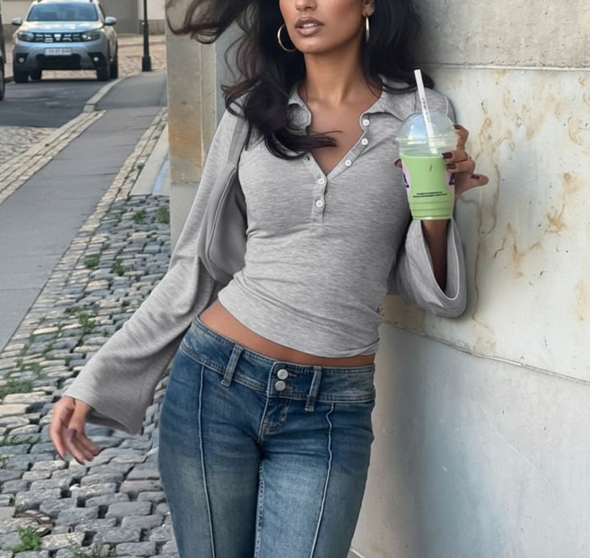 Slim-Fit V-Neck Polo Top with Long Sleeves