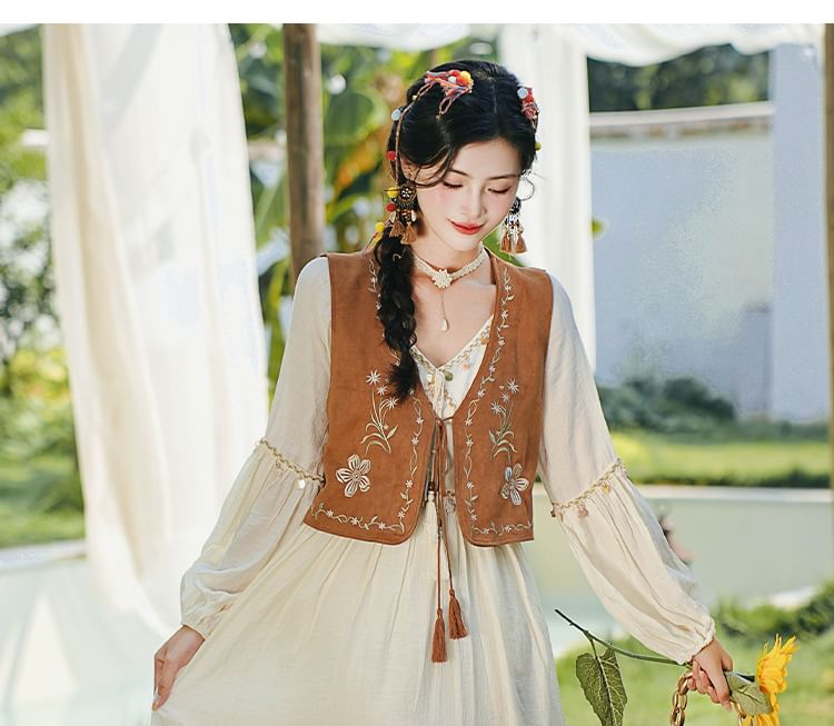 Long Sleeve V-Neck Sequin Panel Midi A-Line Dress