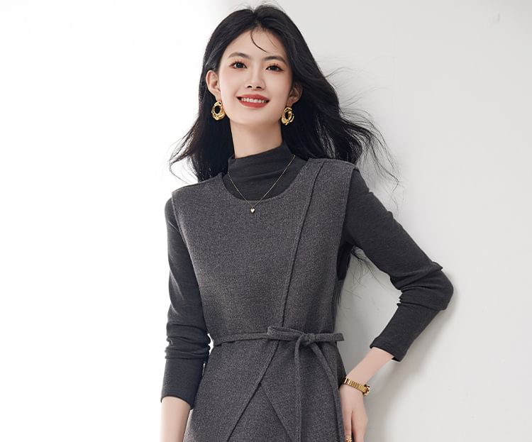 Three-Piece Set: Mock-Neck Melange Tee, Sashed Vest and High-Waist Midi Pencil Skirt
