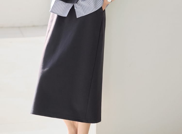 Set: Faux Two-Piece Striped Panel Sweatshirt and High-Rise Slit Midi Skirt