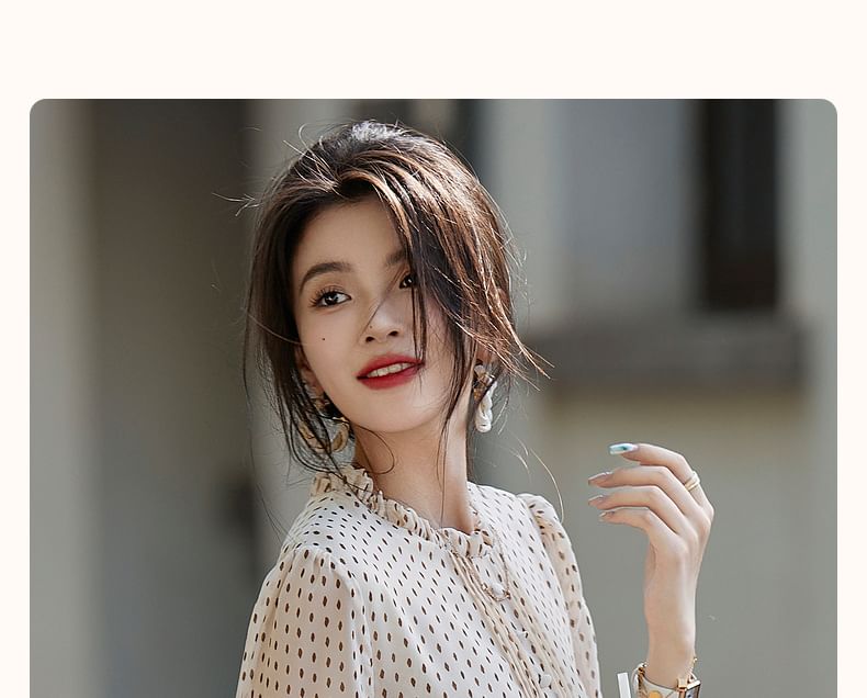 Frill-Trimmed Blouse with Dotted Pattern and Long Sleeves