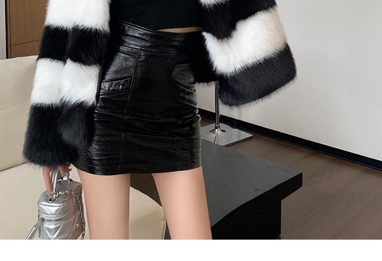 Round Neck Striped Faux Fur Jacket