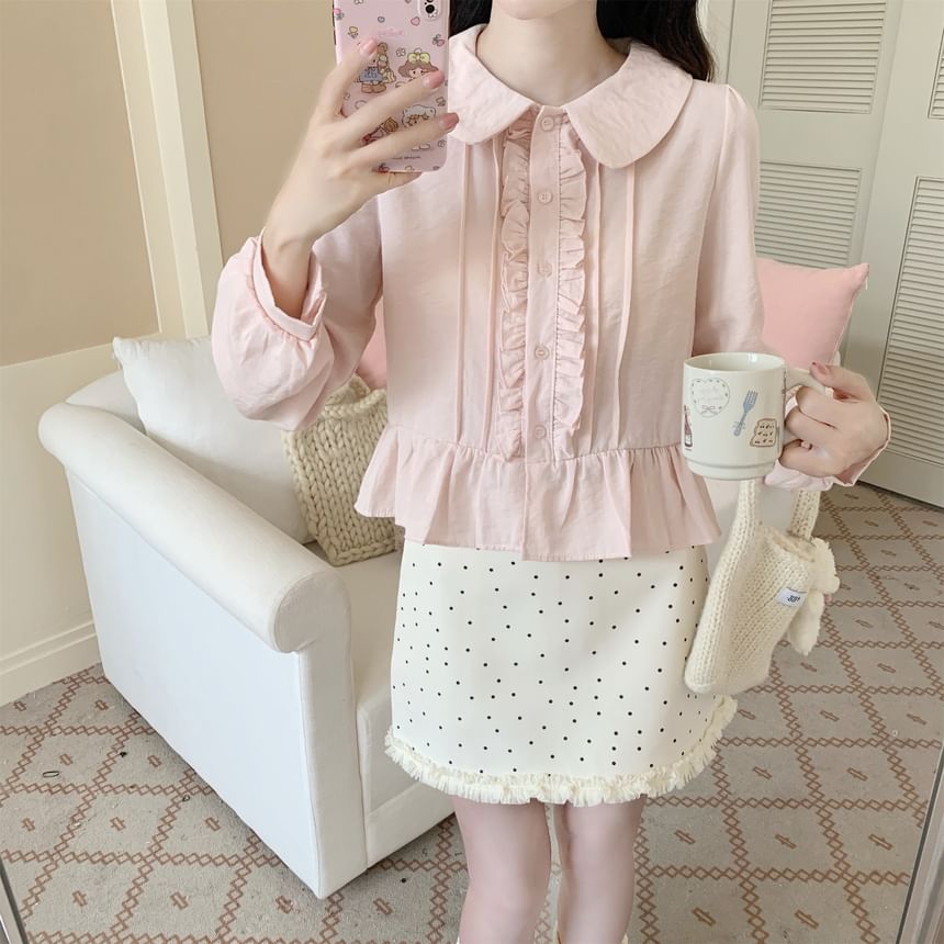 Long-Sleeve Pintuck Frill Trim Blouse