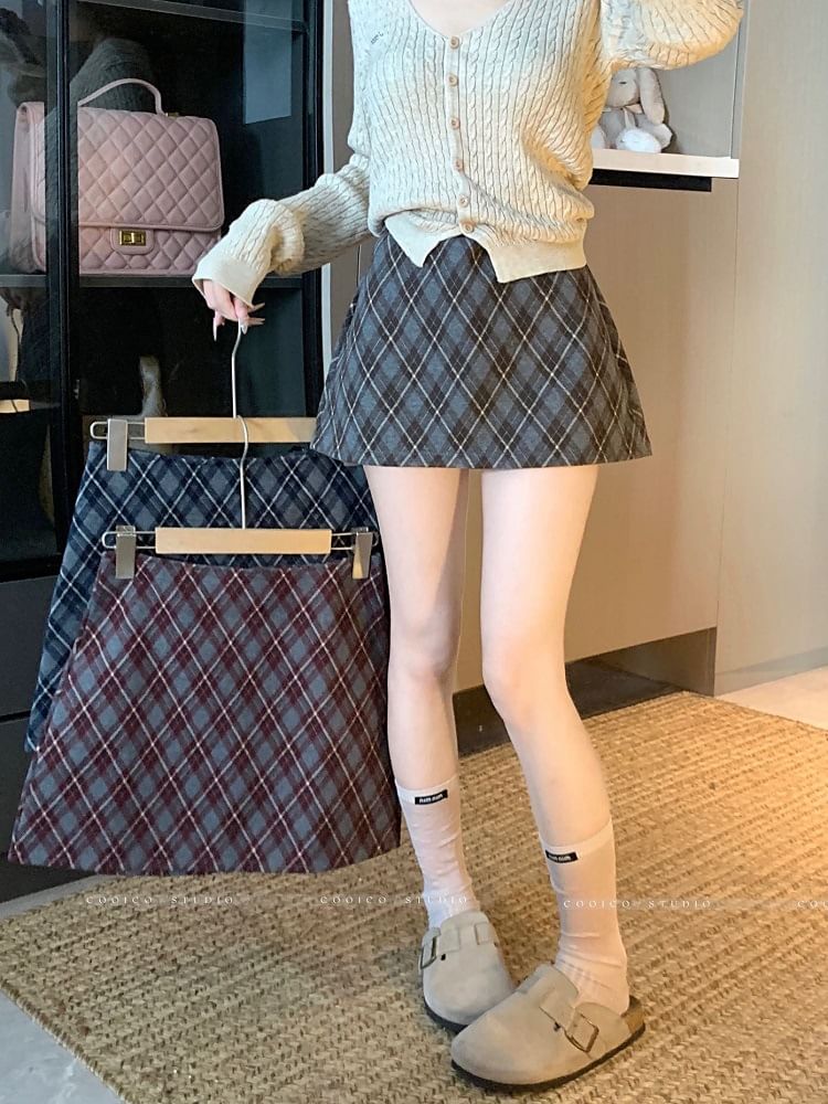 High Rise Plaid A-Line Mini Skirt