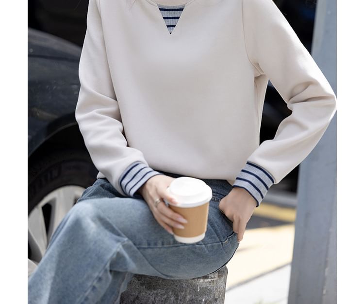 Striped Panel Pullover with Round Neckline