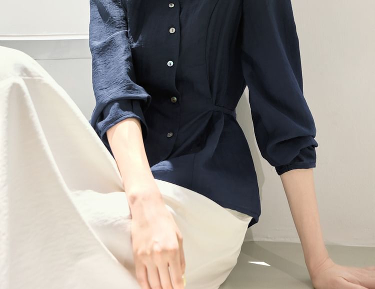 Solid Button-Front Blouse with V-Neckline and Long Sleeves