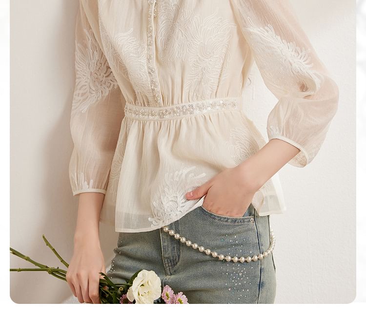 Airy Three-Quarter Sleeve V-Neck Solid Blouse