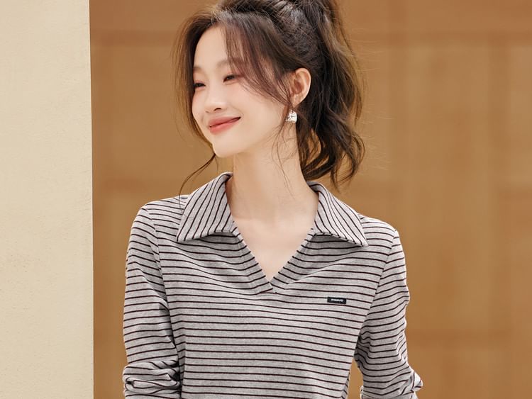 Striped Long Sleeve Polo Collar Top