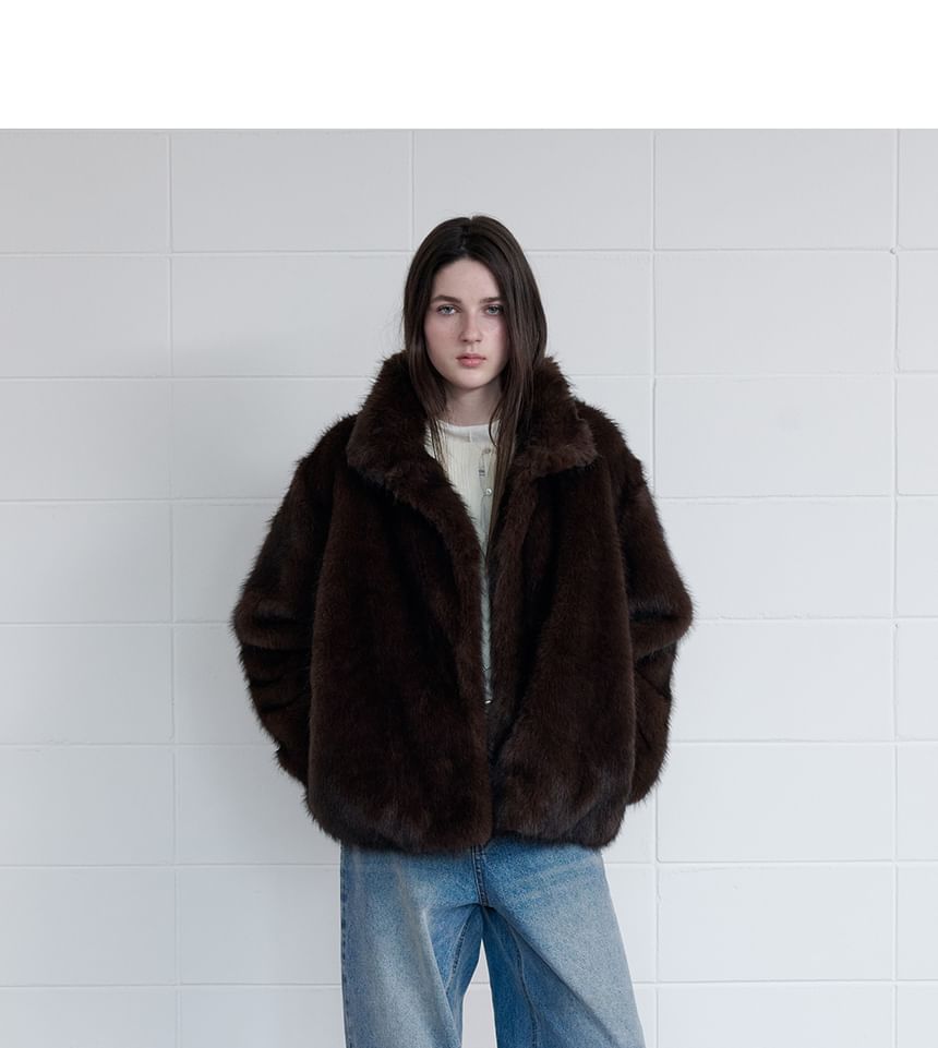 High-Neck Eco-Fur Jacket (Brown)