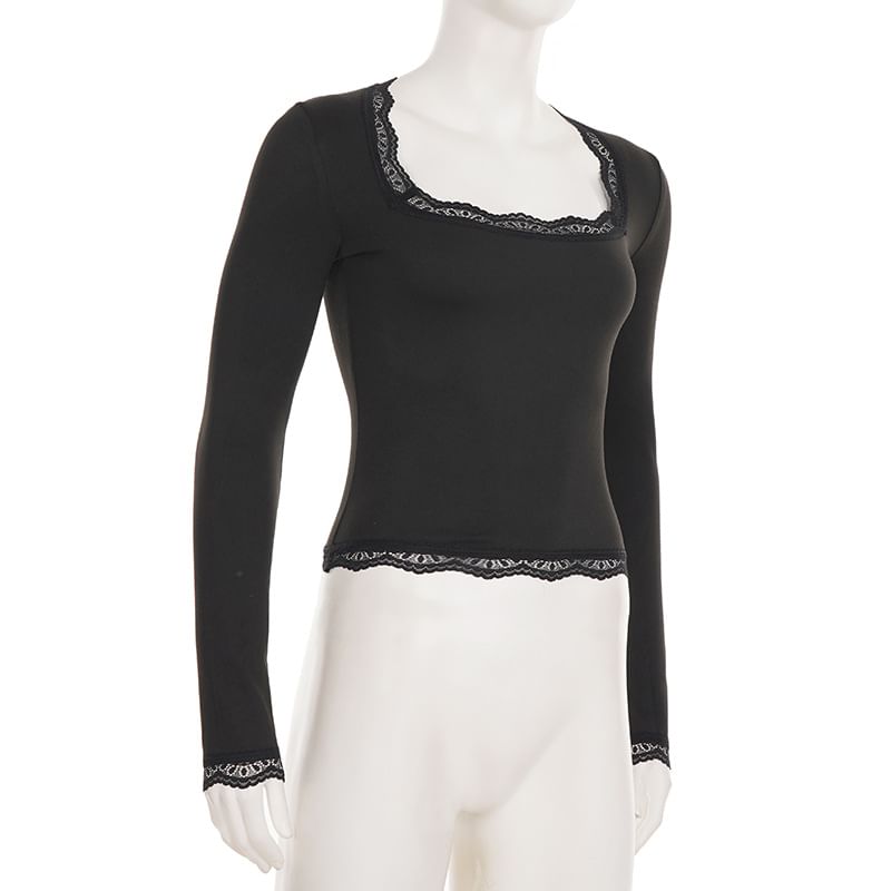 Square-Neck Cropped Top with Lace Trim and Long Sleeves