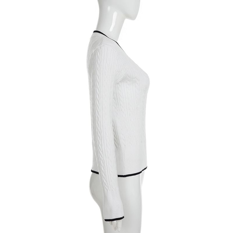 Cropped V-Neck Sweater with Contrasting Trim