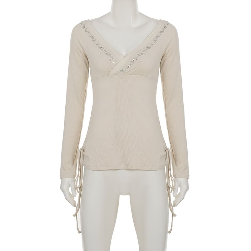 Rhinestone-Embellished V-Neck Tee with Long Sleeves