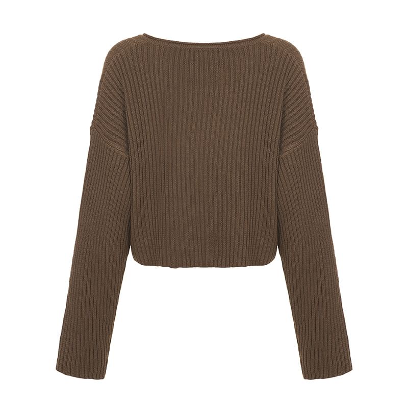 Cropped V-Neck Pullover Sweater in Solid Color