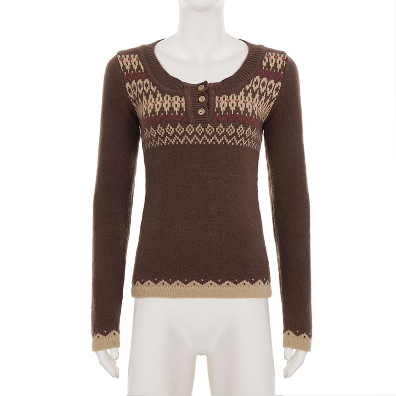 Jacquard Henley Cropped Knit Top with Long Sleeves