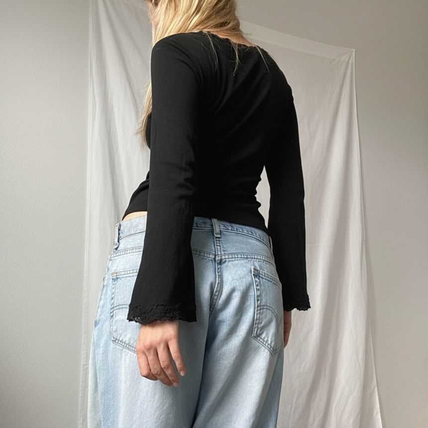 Bell-Sleeve V-Neck Lace-Trim Fitted Top