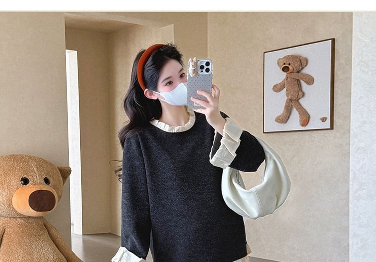 Maternity Set: Ruffled Round-Neck Pullover with Wide-Leg Trousers