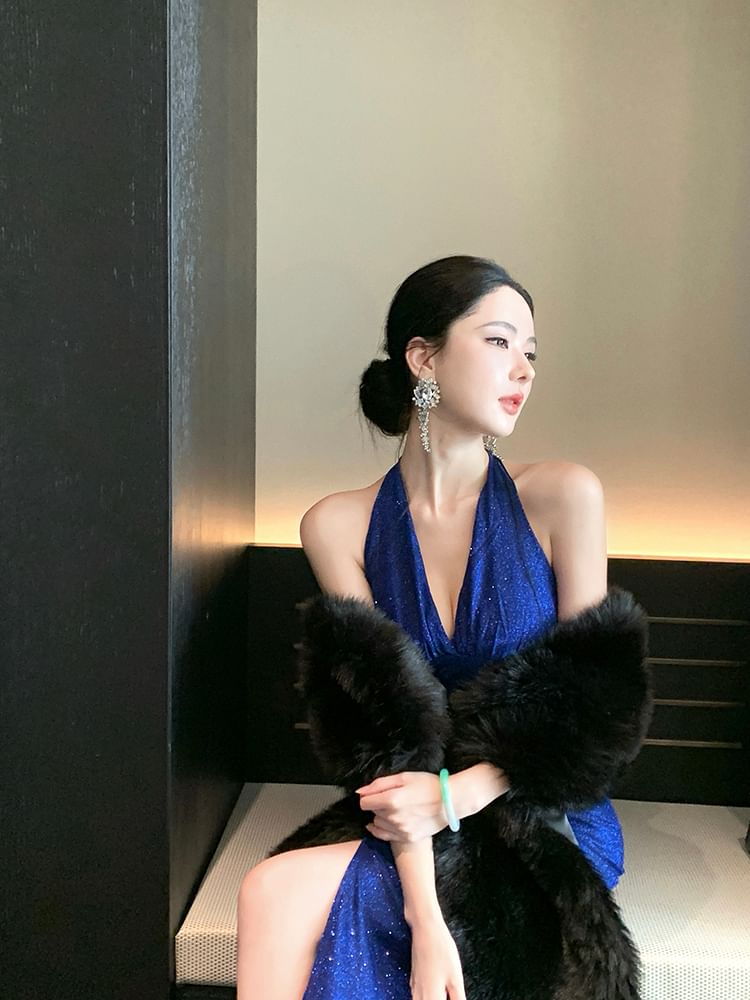 Halter Plain Glitter Slit Sheath Evening Gown