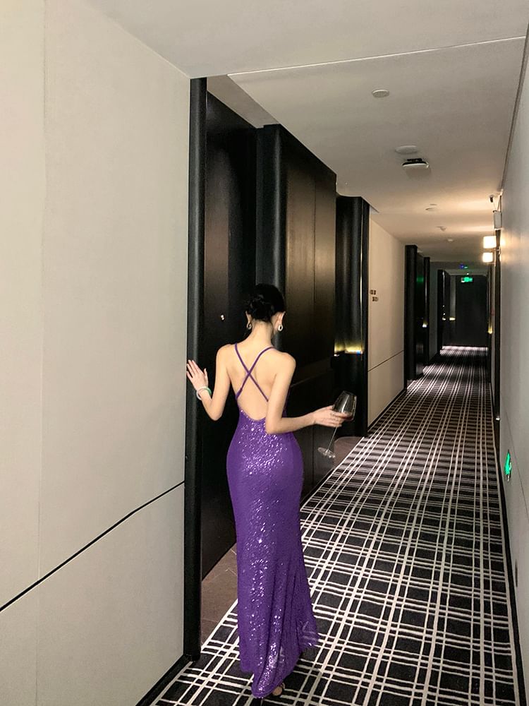 Spaghetti Strap Plain Sequin Sheath Evening Dress