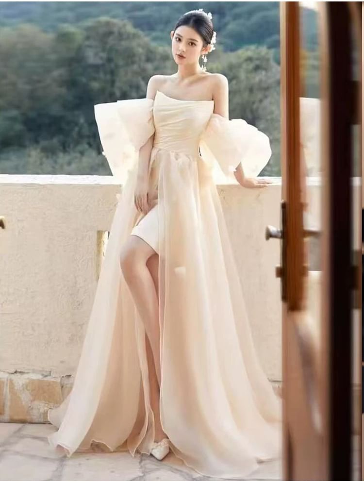 Puff-Sleeve Off Shoulder Sheer A-Line Evening Gown