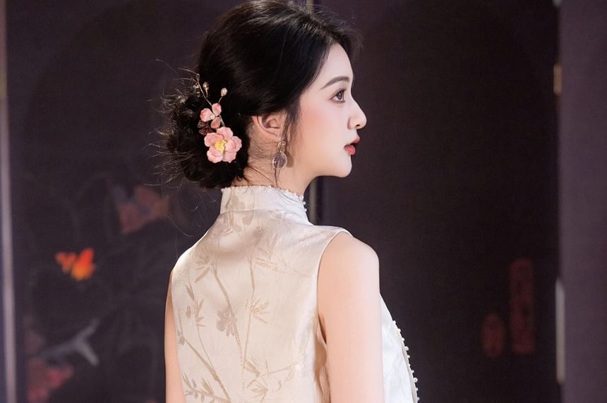 Sleeveless Mandarin Collar Beaded Floral Embroidered Mock Two Piece Jacquard Maxi A-Line Cocktail Dress
