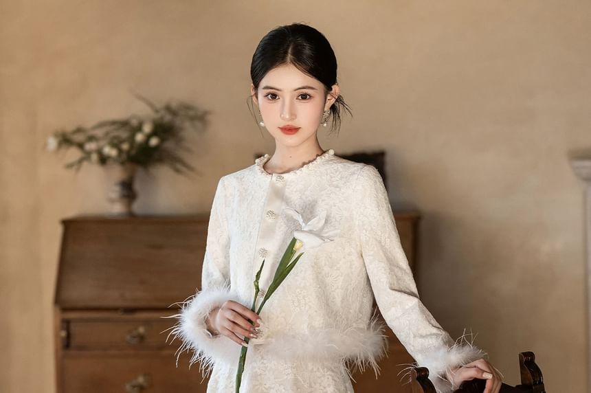 Long Sleeve Round Neck Plain Beaded Feather Trim Mock Two Piece Lace Maxi A-Line Cocktail Dress