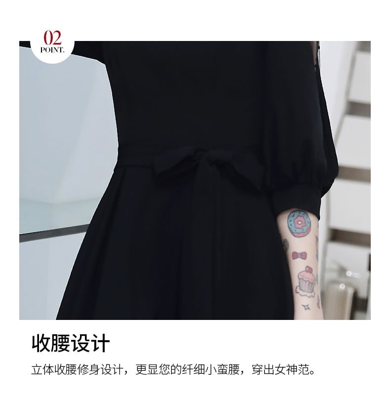 Elbow Sleeve Notch Neck Dotted Panel Mesh Maxi A-Line Cocktail Dress