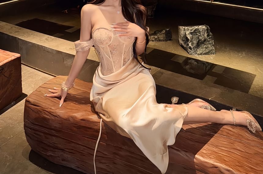Off-Shoulder Lace Panel Ruched Corset Sheath Evening Gown