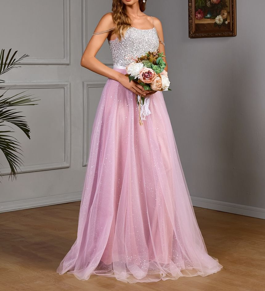 Spaghetti Strap Sequin Panel Mesh A-Line Evening Gown