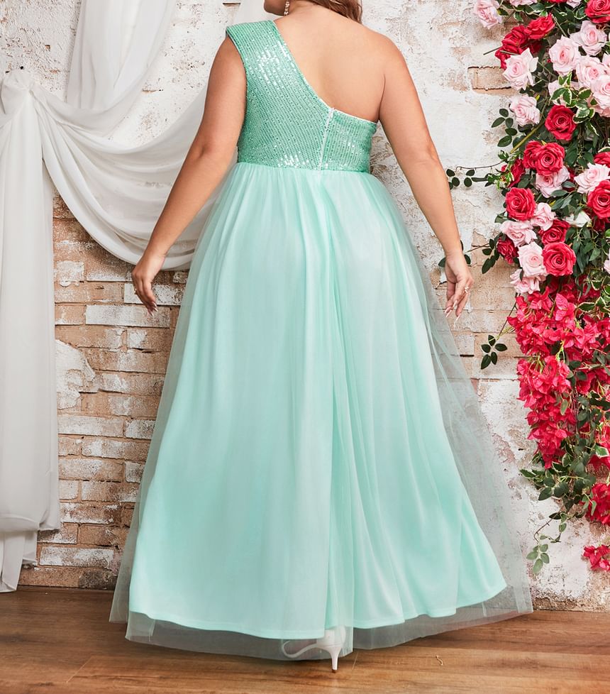 One-Shoulder Sequin Mesh Panel A-Line Evening Dress