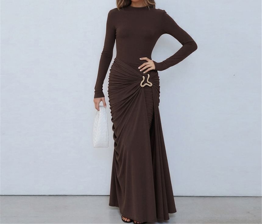 Long-Sleeve Mock Neck Plain Buckled Ruched Maxi Sheath Dress