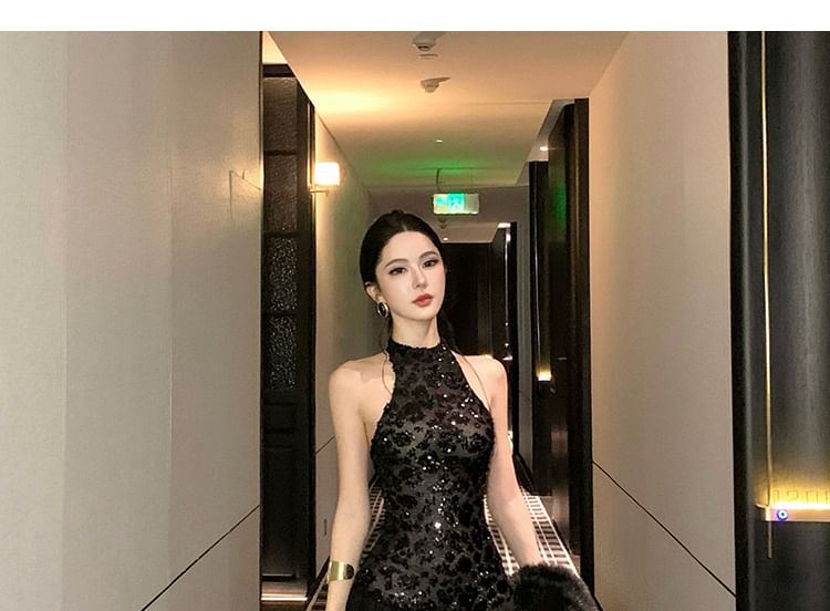 Halter Neck Sequin Panel Open Back A-Line Evening Gown