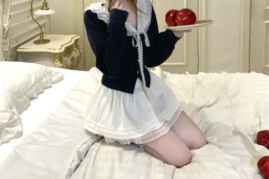Ruffle Collar Cardigan & Plain Mini A-Line Skirt Set