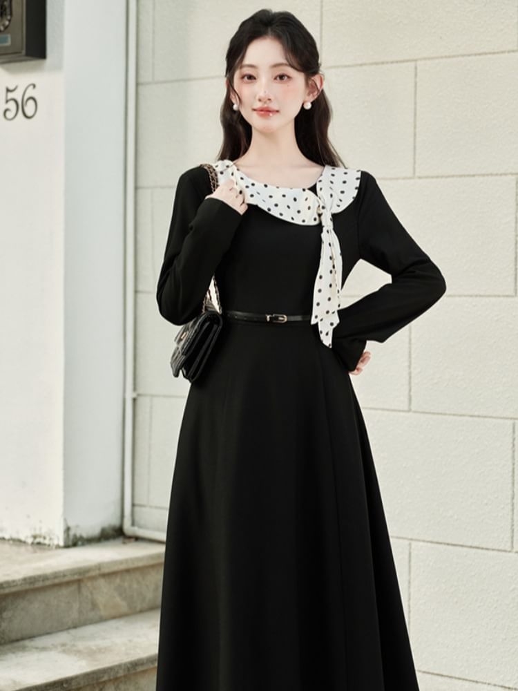 Set: Long Sleeve Round Neck Dotted Panel Maxi A-Line Dress + Belt