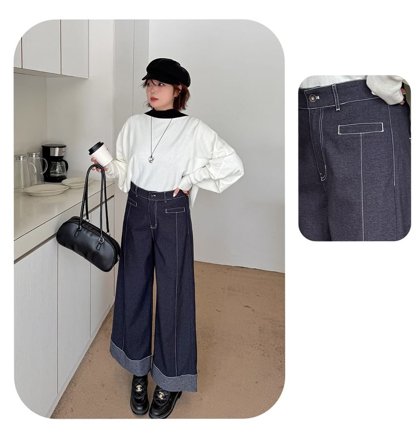 High Waist Contrast Stitching Roll Up Hem Wide Leg Jeans
