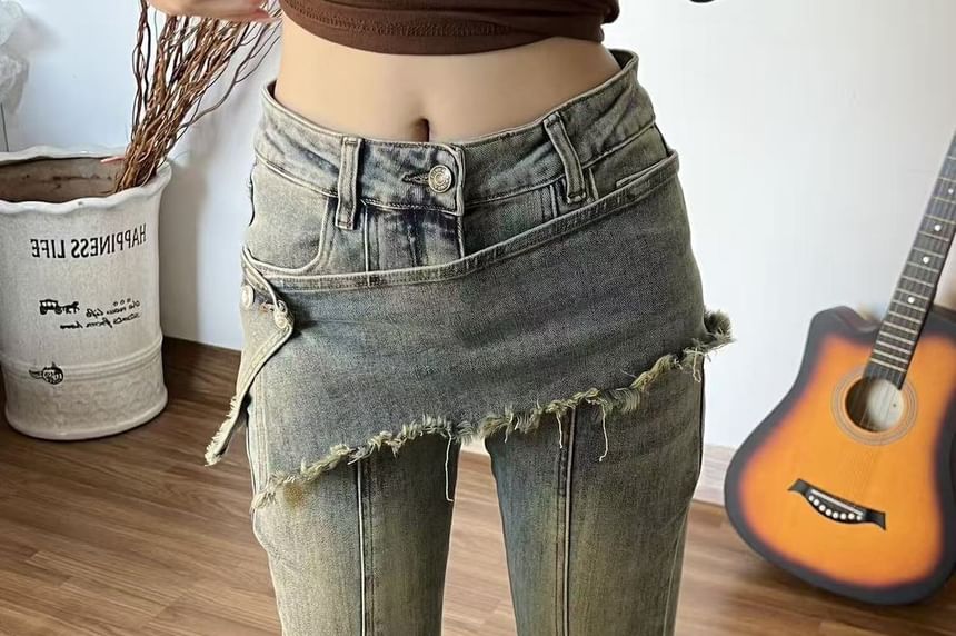 Washed Bell Bottom Jeans with Overlay Skirt