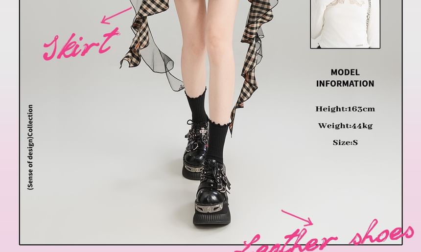 High Waist Plaid Mesh Panel Ruffled Asymmetric Hem Mini Skirt