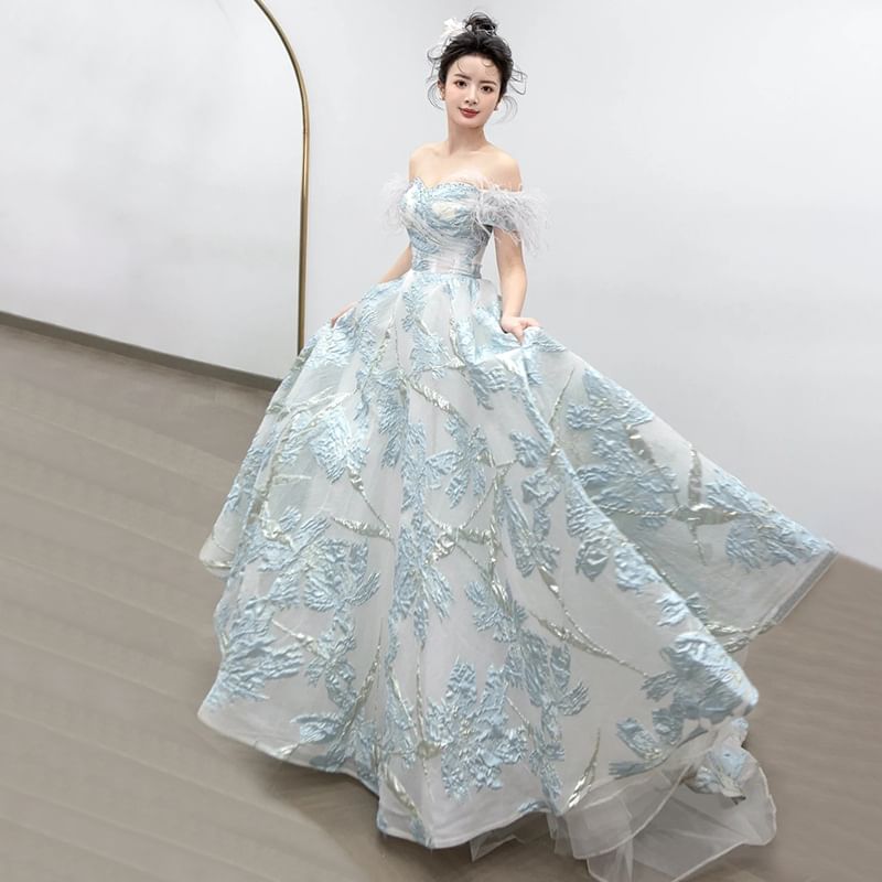 Short Sleeve Off Shoulder Feather Trim Jacquard A-Line Ball Gown