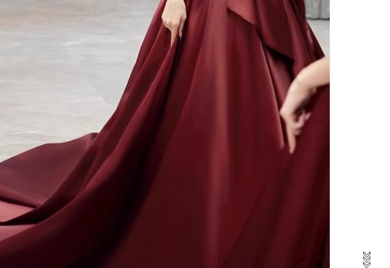 Sleeveless Off Shoulder Plain Bow Satin A-Line Evening Gown