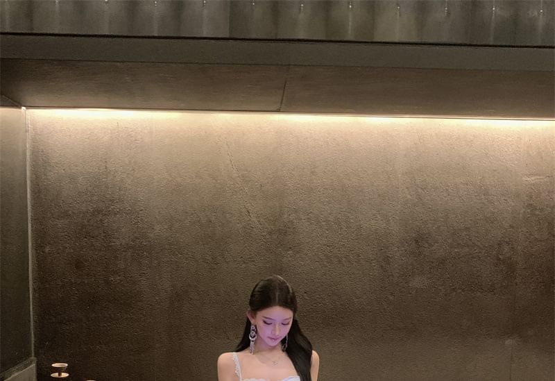 Spaghetti Strap Plain Lace Trim A-Line Evening Dress