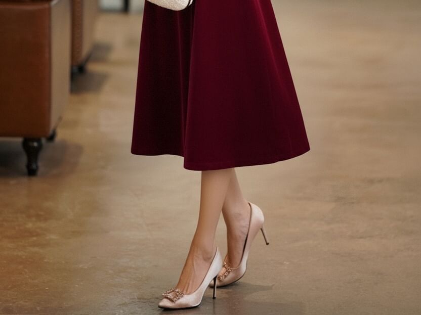 Long Sleeve Mandarin Collar Plain Faux Pearl Beaded Cutout Velvet Midi A-Line Cocktail Dress