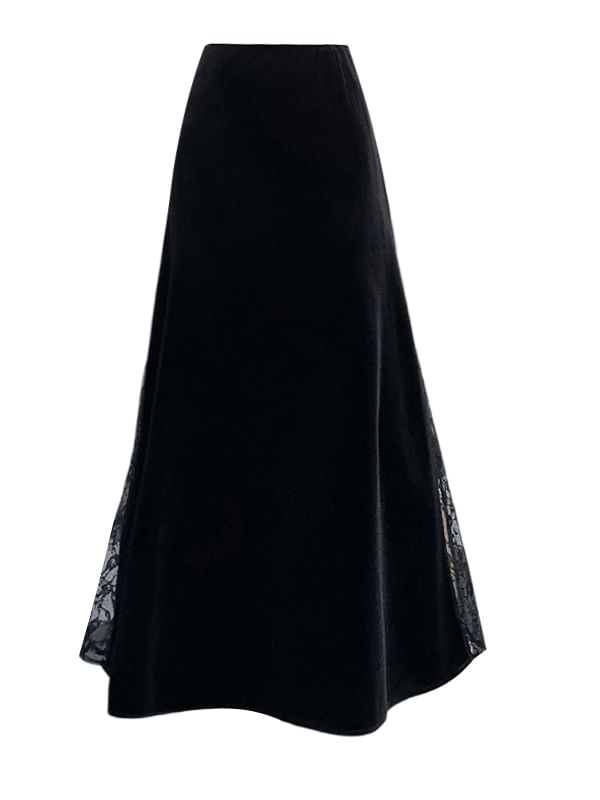 High Waist Plain Lace Panel Velvet Maxi A-Line Skirt