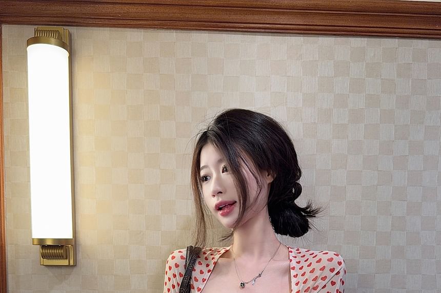 Heart Print Square Neck Bow Top with Long Sleeves